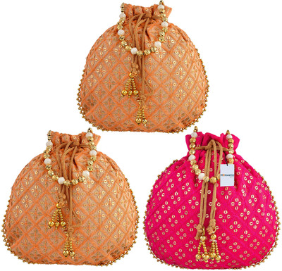 HOMESTIC Single Side Sequins Silk Potli With Drawstring for Woman|Pack of 3|Multi Potli(Pack of 3)