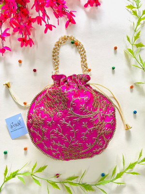 byra Embroidered Potli with Pearl Handle for Women Gifting Purpose Potli