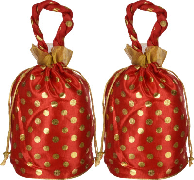 KUBER INDUSTRIES Silk Golden-Dot Potli|Round Drawstring Shagun Potli with Handle|Pack of 2|Red Potli(Pack of 2)