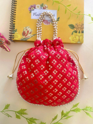 byra Women Chikan Embroidered Sequence Potli with Latkan and Pearl Handle Potli