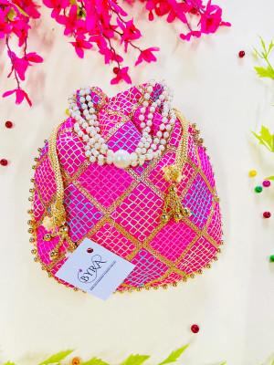 byra Women Multi Color Thread silk Potli with Pearl Handle & Golden Latkan Potli