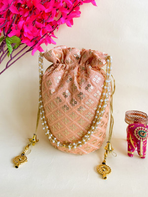 byra Women Chikan Embroidered Sequence Potli with Latkan and Pearl Handle Potli