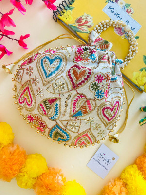 byra Heart Shape Rangoli Thread Sequence Embroidered Potli