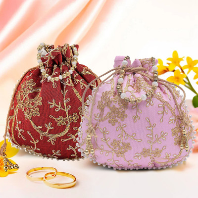 KUBER INDUSTRIES Pack of 2 Embroidery Potli Bags | Shagun Pouches | Light Pink & Maroon Potli(Pack of 2)