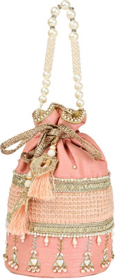 ROCIA Peach Women Raw Silk Embroidered Potli Potli