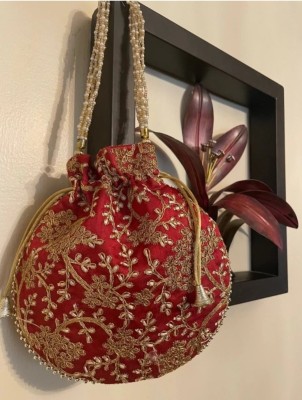 AtheenaAris Silk Made Red Zari Embroidery Potli with Pearl Handle For Women Wristlet Gift Potli