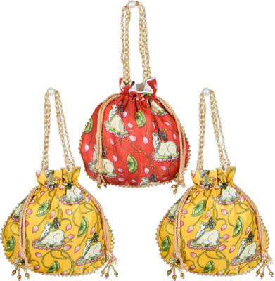 KUBER INDUSTRIES Silk Cow Patli Potli|Drawstring Beads Handle Shagun Potli|Pack of 3|Multi Potli(Pack of 3)
