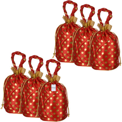 HOMESTIC Silk Golden-Dot Potli|Round Drawstring Shagun Potli with Handle|Pack of 6|Red Potli(Pack of 6)