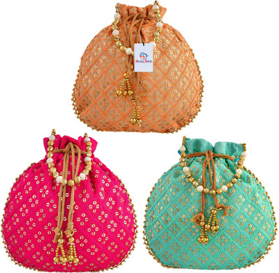 Heart Home Single Side Sequins Silk Potli With Drawstring for Woman|Pack of 3|Multi Potli(Pack of 3)
