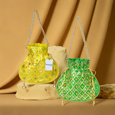 HOMESTIC Mirror Check Drawstring Potli With Handle|Shagun Potli|Pack of 2|Multi Potli(Pack of 2)