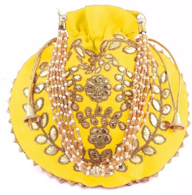 AtheenaAris Silk Made Yellow Zari Embroidery Potli with Pearl Handle For Women Wristlet Gift Potli