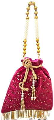 SUNVIKA House Vintage Style Potli Handbag, Velvet with Pearl Beads and Gold Fringe Potli