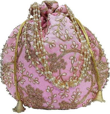 AtheenaAris Silk Made Pink Embroidered Potli with Pearl Handle For Women Potli