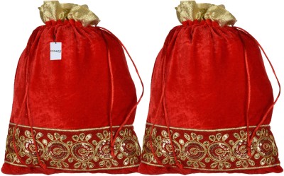 HOMESTIC Velvet Gota Potli|Drawstring Traditional Shagun Potli|9x12 Inch|Pack of 2|Red Potli(Pack of 2)