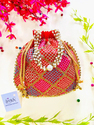 byra Women Multi Color Thread silk Potli with Pearl Handle & Golden Latkan Potli