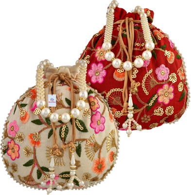 Heart Home Silk New Flower Embroidery Potli|Drawstring Beads Handle Potli|Pack of 2|Multi Potli(Pack of 2)