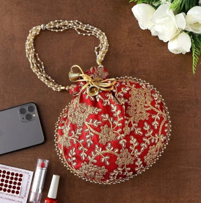 AtheenaAris Silk Made Red Zari Embroidery Potli with Pearl Handle For Women Wristlet Gift Potli