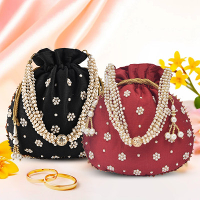 KUBER INDUSTRIES Pack of 2 Moti Design Shagun Potli Bags for Ladies | Maroon & Black Potli(Pack of 2)