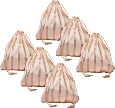 KUBER INDUSTRIES Potli | Banarasi Silk with White Golden Line | Pack of 6 | Cream Potli(Pack of 6)