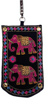Unique Fashion EMBROIDERED BLACK RAJASTHANI DESIGN VELVET MOBILE POUCH WITH WAIST CLIP / DRAWSTRING FOR GIRLS / WOMENS Mobile Pouch