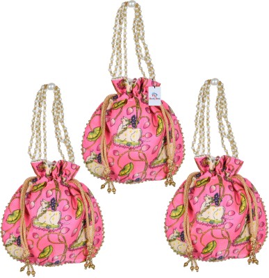 Heart Home Silk Cow Patli Potli|Drawstring Beads Handle Shagun Potli|Pack of 3|Pink Potli(Pack of 3)