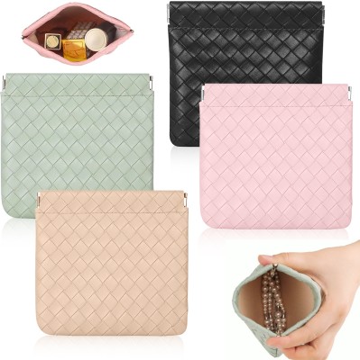 Venzina 4 Pack Small Makeup Bag for Purse, Mini Leather Cosmetic Bag Weave Pocket Pouch Pouch(Pack of 4)