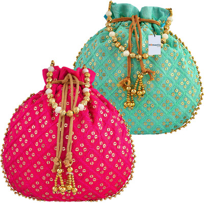 HOMESTIC Single Side Sequins Silk Potli With Drawstring for Woman|Pack of 2|Multi Potli(Pack of 2)