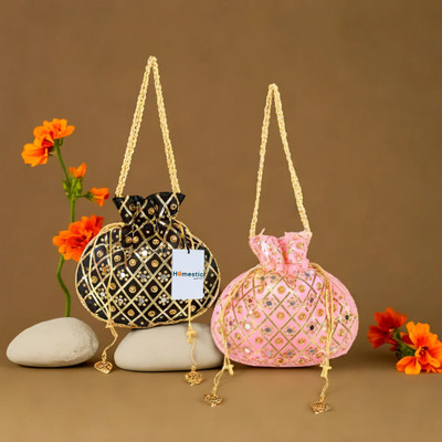 HOMESTIC Mirror Check Drawstring Potli With Handle|Shagun Potli|Pack of 2|Multi Potli(Pack of 2)