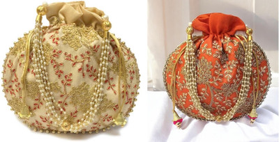 daily deals Beautiful & Elegant Potli for Women, Beige-Orange Potli(Pack of 2)