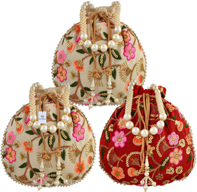 Heart Home Silk New Flower Embroidery Potli|Drawstring Beads Handle Potli|Pack of 3|Multi Potli(Pack of 3)
