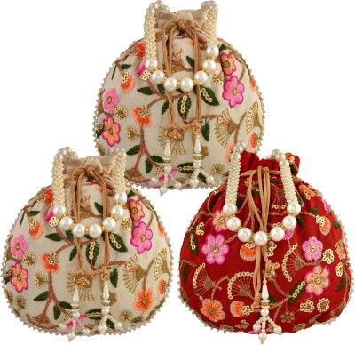 KUBER INDUSTRIES Silk New Flower Embroidery Potli|Drawstring Beads Handle Potli|Pack of 3|Multi Potli(Pack of 3)