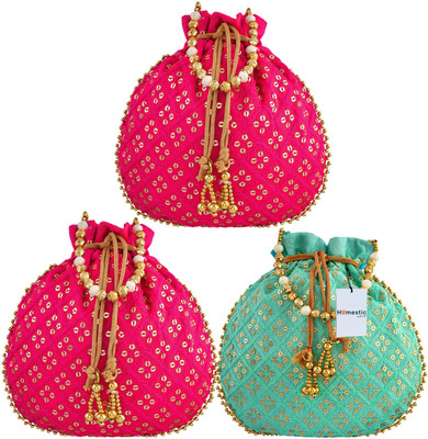 HOMESTIC Single Side Sequins Silk Potli With Drawstring for Woman|Pack of 3|Multi Potli(Pack of 3)