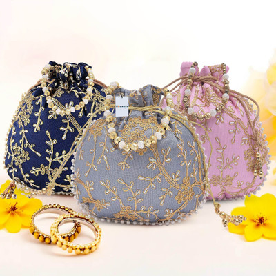 HOMESTIC Pack of 3 Embroidery Shagun Pouches & Potli Bags | Dark Blue, Light Pink & Grey Potli(Pack of 3)