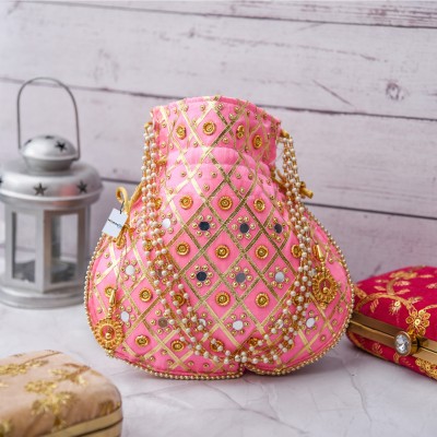 HOMESTIC Mirror Check Drawstring Potli With Handle|Shagun Potli|Pink Potli