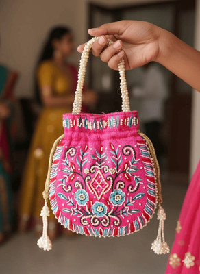 Aurna Creations Embroidery handwork potli with pearl handle pink Potli