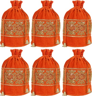 KUBER INDUSTRIES Embroidered Design Potli bags Handbags for Women Gifting Wristlets For Wedding, Festival, Kitty Subh Shagun-Pack of 6 (Orange) Potli(Pack of 6)