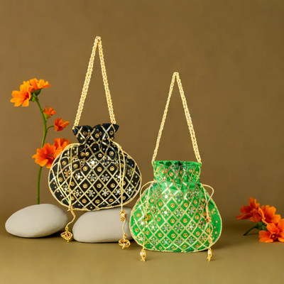KUBER INDUSTRIES Mirror Check Drawstring Potli With Handle|Shagun Potli|Pack of 2|Multi Potli(Pack of 2)