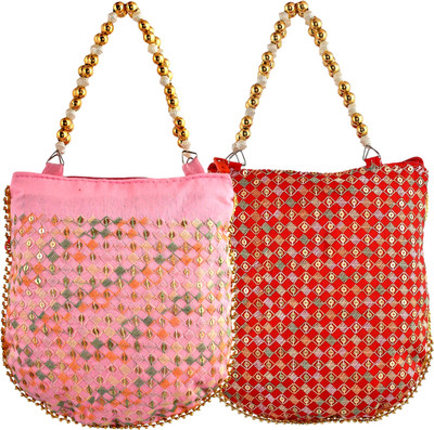KUBER INDUSTRIES Silk Embroidery Double Handle Zip-Potli for Woman|Shagun Potli|Pack of 2|Multi Potli(Pack of 2)