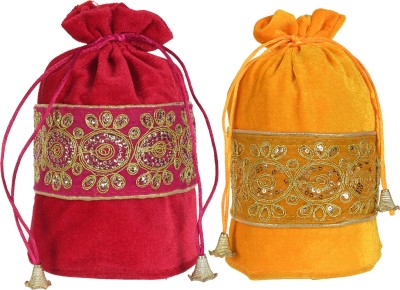 KUBER INDUSTRIES Embroidered Design Potli bags Handbags for Women Gifting Wristlets For Wedding, Festival, Kitty Subh Shagun-Pack of 2 (Pink & Yellow) Potli(Pack of 2)