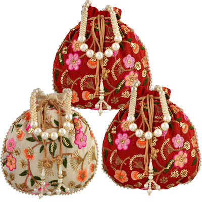KUBER INDUSTRIES Silk New Flower Embroidery Potli|Drawstring Beads Handle Potli|Pack of 3|Multi Potli(Pack of 3)