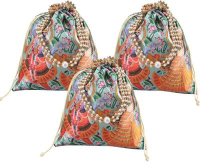 KUBER INDUSTRIES 3 Pcs 8x9 Inch Radha Krishna Print Potli Bag For Women With Pearl Handles|Green Potli(Pack of 3)