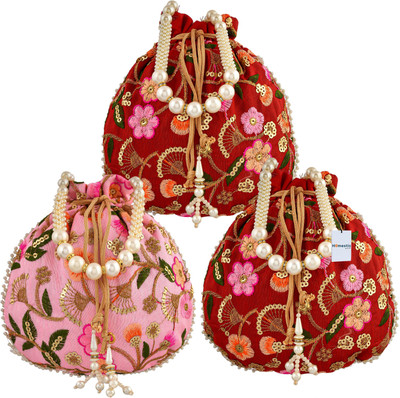 HOMESTIC Silk New Flower Embroidery Potli|Drawstring Beads Handle Potli|Pack of 3|Multi Potli(Pack of 3)