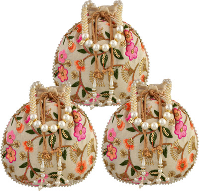 KUBER INDUSTRIES Silk New Flower Embroidery Potli|Drawstring Beads Handle Potli|Pack of 3|Cream Potli(Pack of 3)