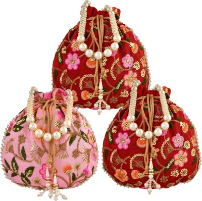 KUBER INDUSTRIES Silk New Flower Embroidery Potli|Drawstring Beads Handle Potli|Pack of 3|Multi Potli(Pack of 3)