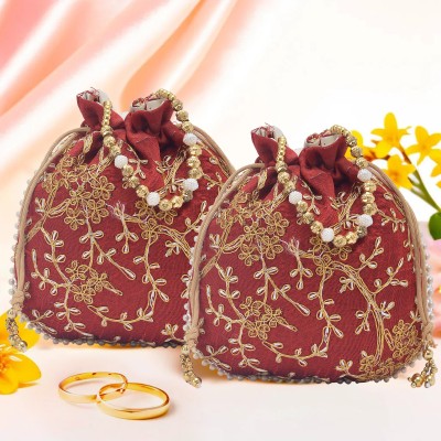 KUBER INDUSTRIES Pack of 2 Embroidery Potli Bags for Ladies & Girls | Shagun Pouches | Red Potli(Pack of 2)