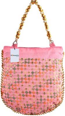 HOMESTIC Silk Embroidery Double Handle Zip-Potli for Woman|Shagun Potli|Pink Potli