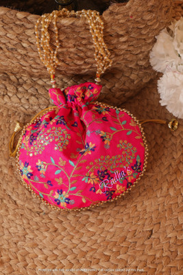 Radha's Colorful Embroidery Pink Potli Bag for Women with Pearl Handle Potli