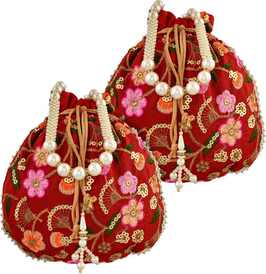 KUBER INDUSTRIES Silk New Flower Embroidery Potli|Drawstring Beads Handle Potli|Pack of 2|Maroon Potli