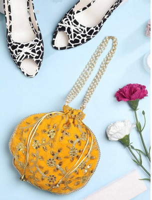 byra Women Velvet Sequence Matka Potli Bag with Pearl Handle Potli