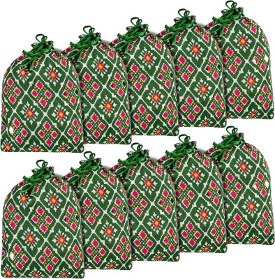 KUBER INDUSTRIES Silk Patola-Print Drawstring Potli|Gift Potli|Medium|7x9 Inch|Pack of 10|Green Potli(Pack of 10)